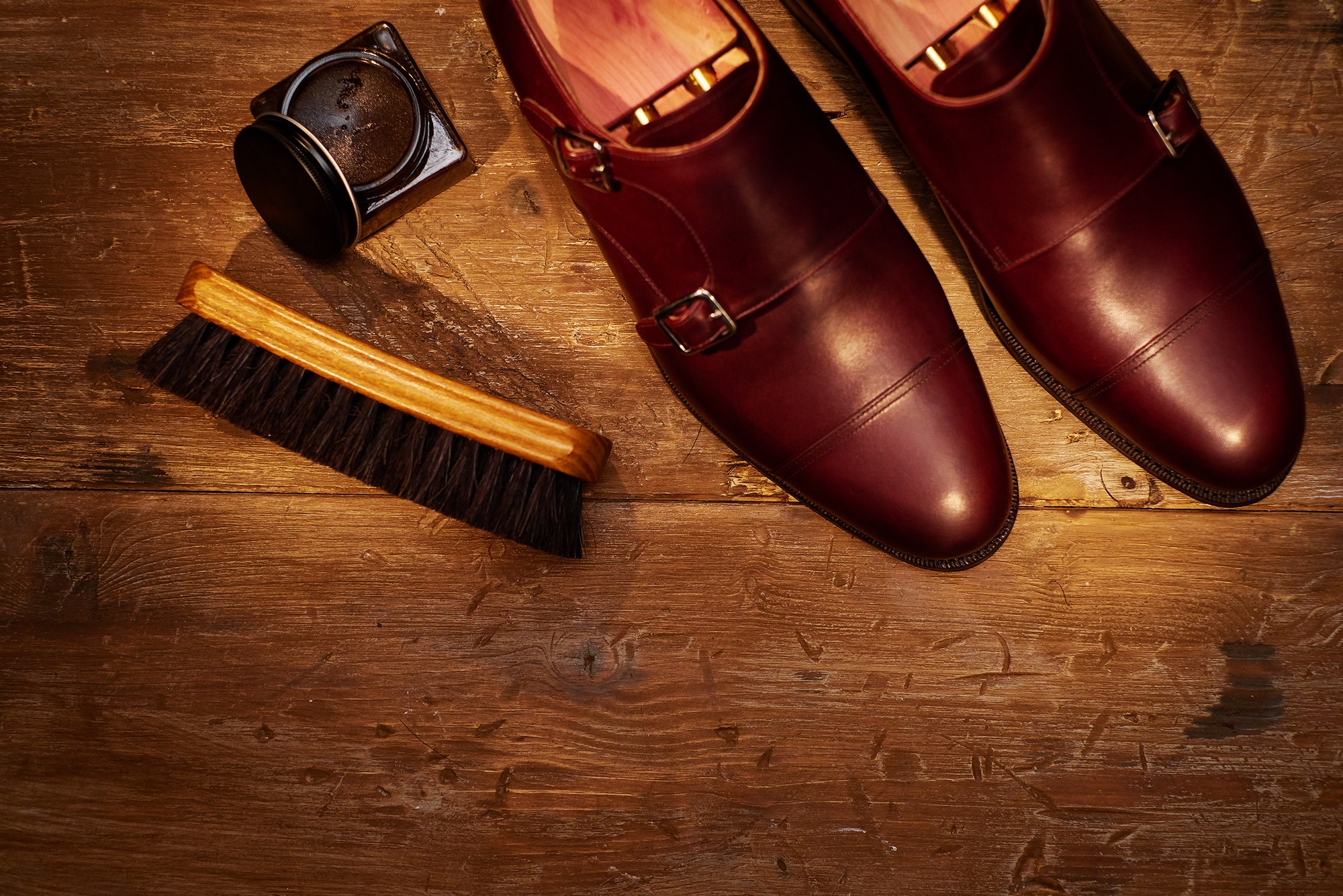 Still life with men's leather shoes and accessories for shoes ca