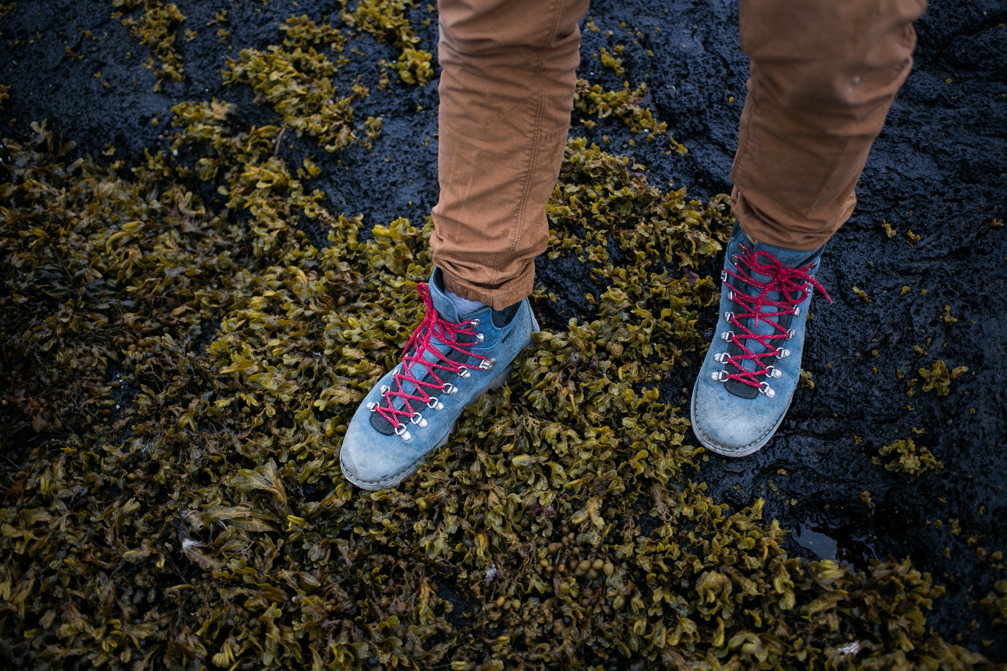 Man in hiking boots stand in deep moss